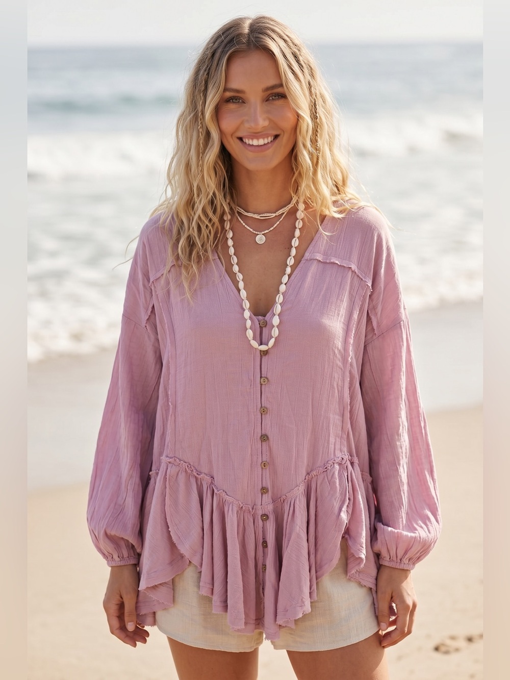 Free People Slice of Heaven Tunic NWT Pink Mauve Boho Ruffle Gauze Top Size S